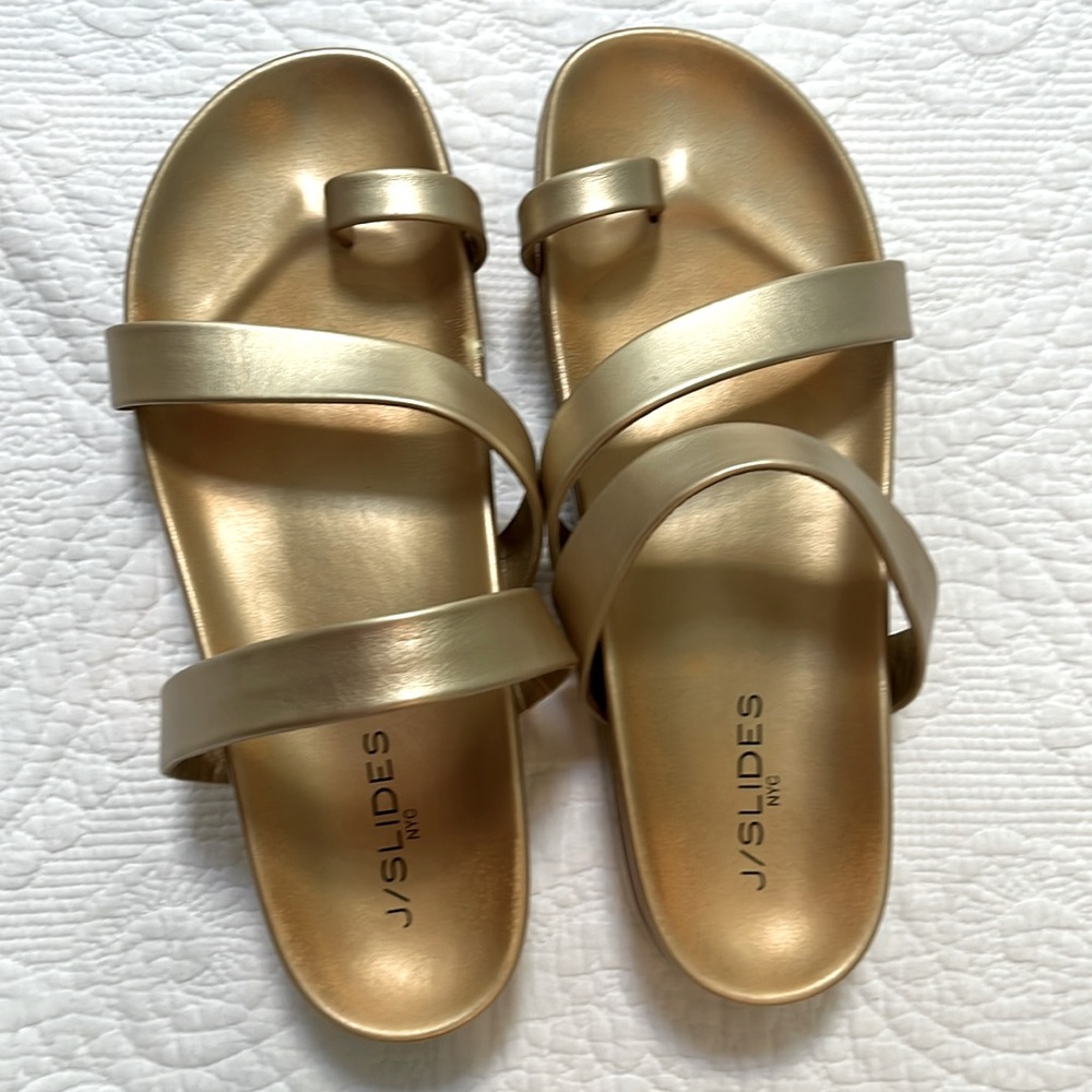J/SLIDES NYC Rihanna platform metallic sandals